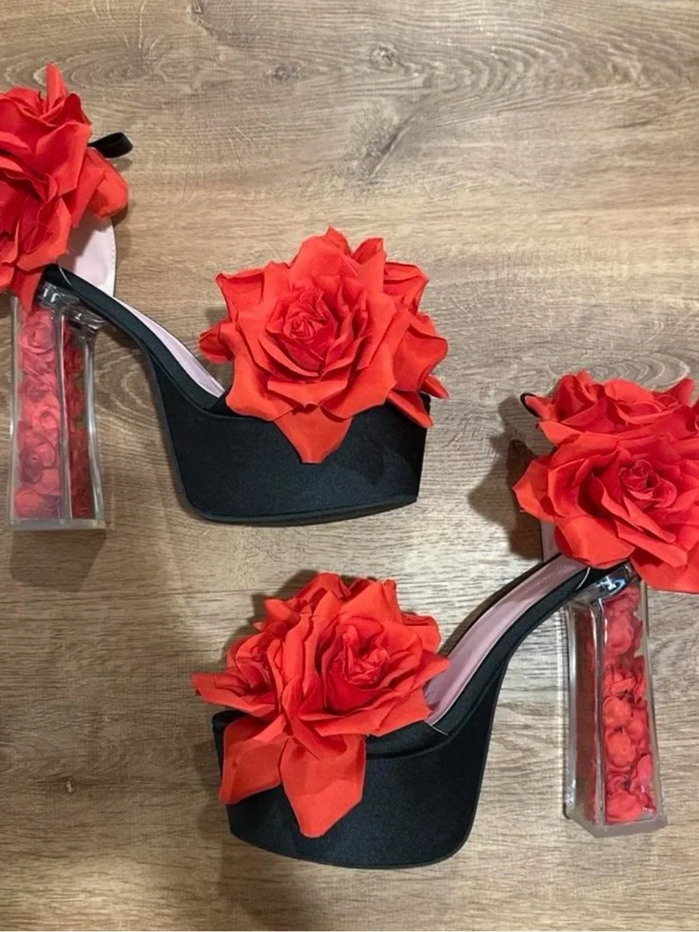 Dolls Kill Black Platform Heels with Red Rose Accents